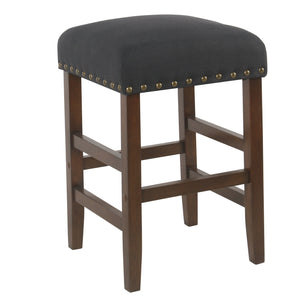 Wooden Counter Stool with Fabric Padded Seat and Nail Head Trim, Dark Blue