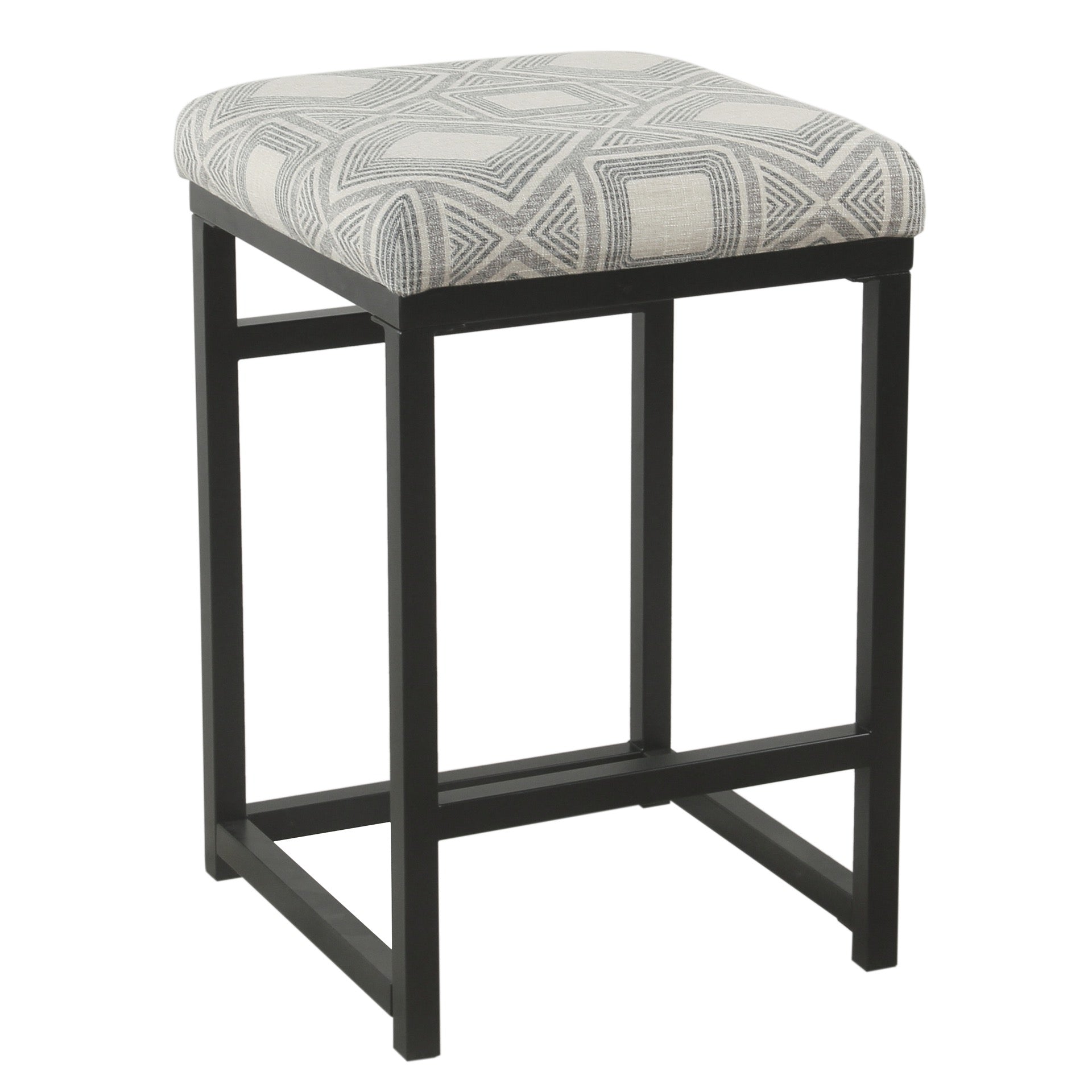 Metal Counter Stool with Geometric Pattern Fabric Upholstered Seat, Gray and Black