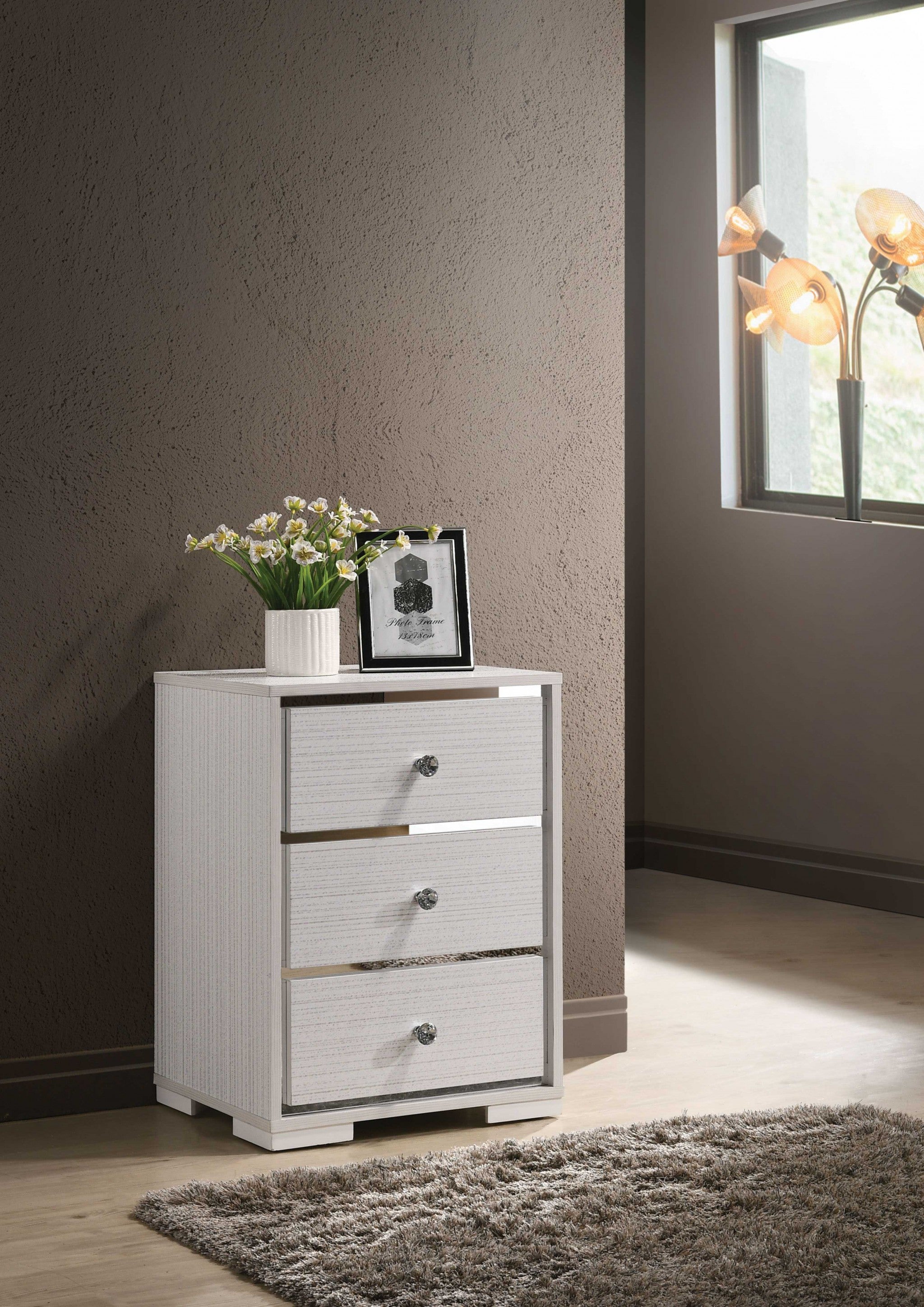 Three Drawers Wooden Nightstand with Crystal Knob Handles, White and Silver