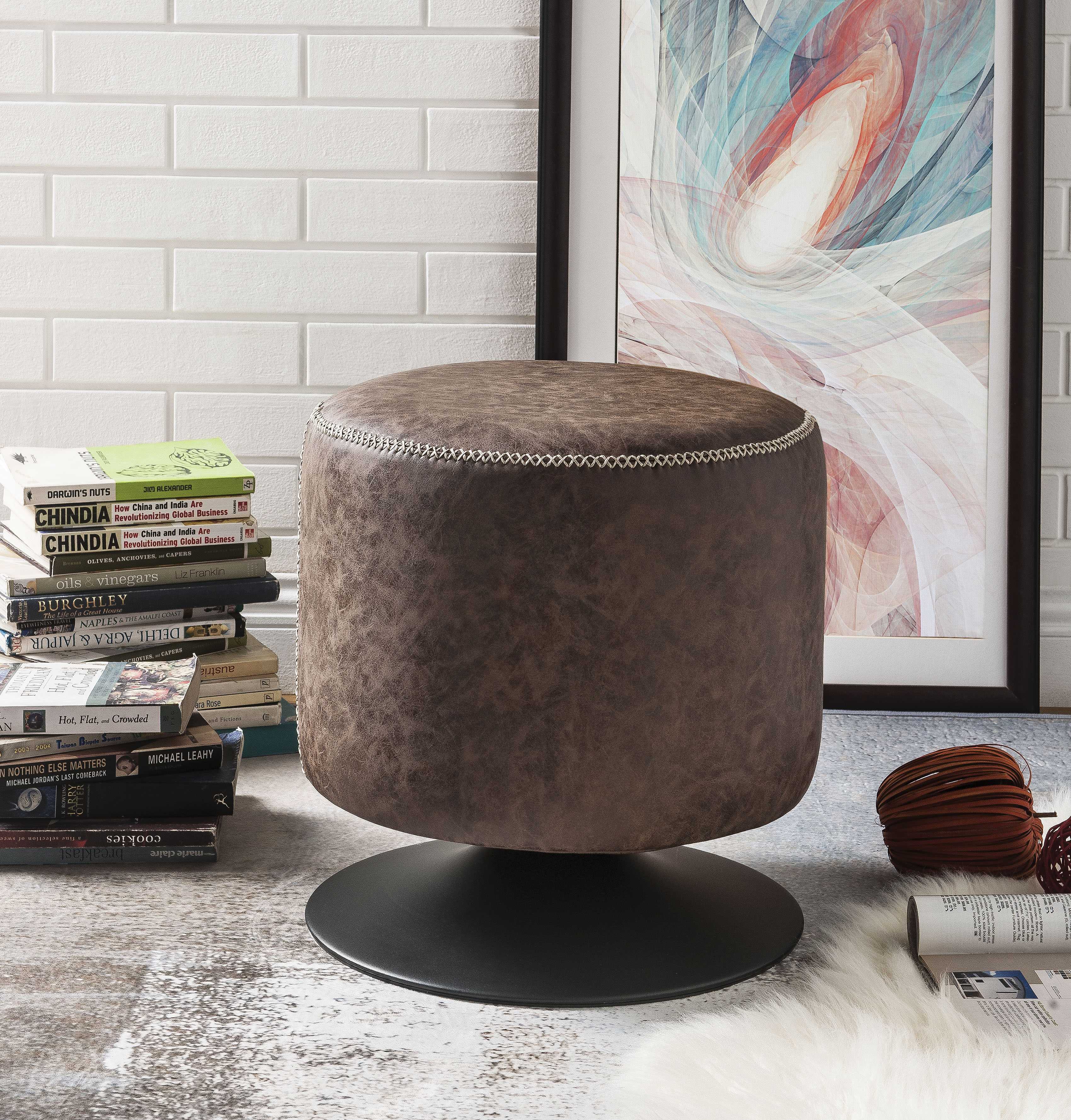 Leatherette Upholstered Swivel Ottoman with Round Metal Base, Mocha Brown and Black