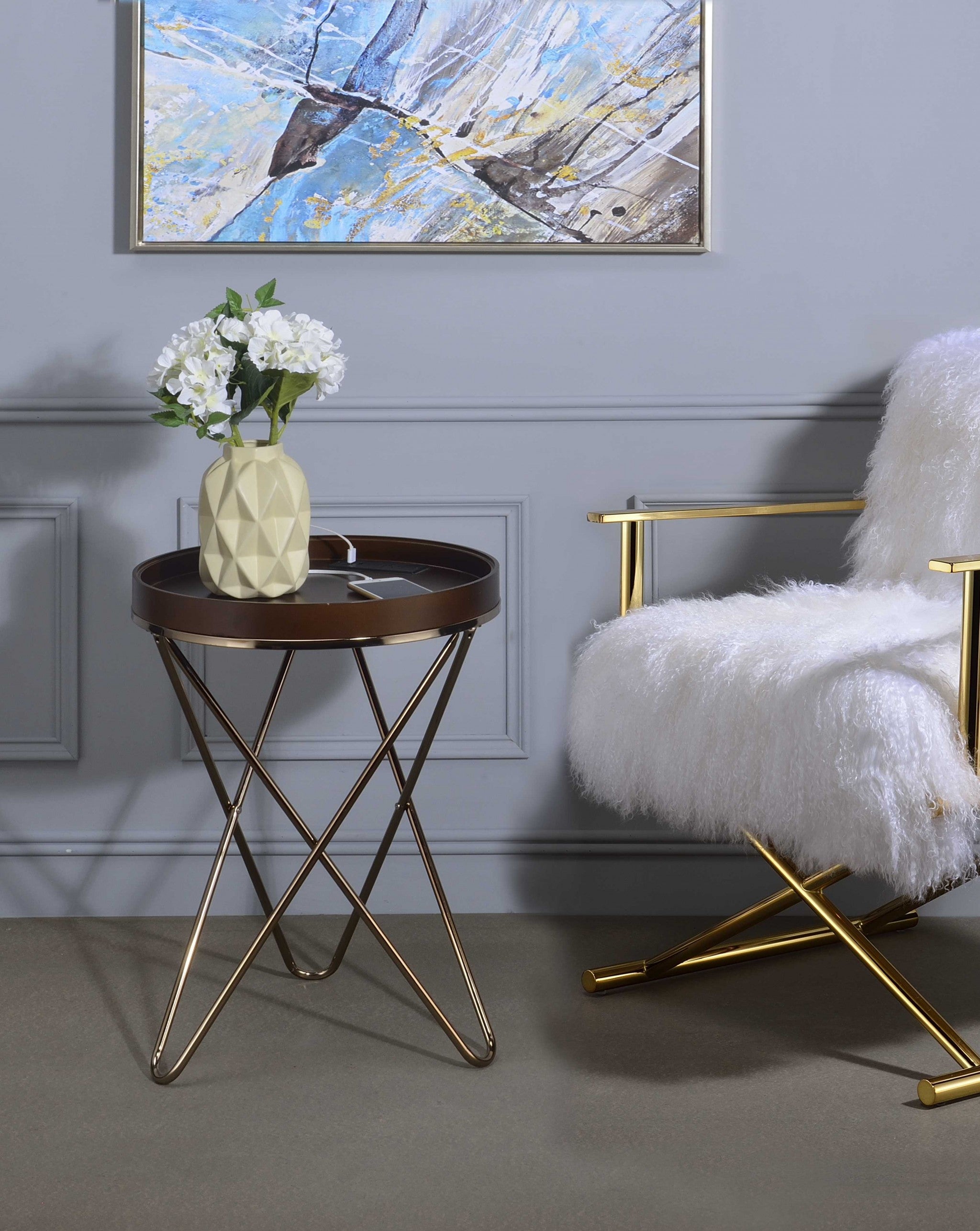 Wooden Top Side Table with Overlapping Hair Pin Legs and USB Dock, Brown and Gold