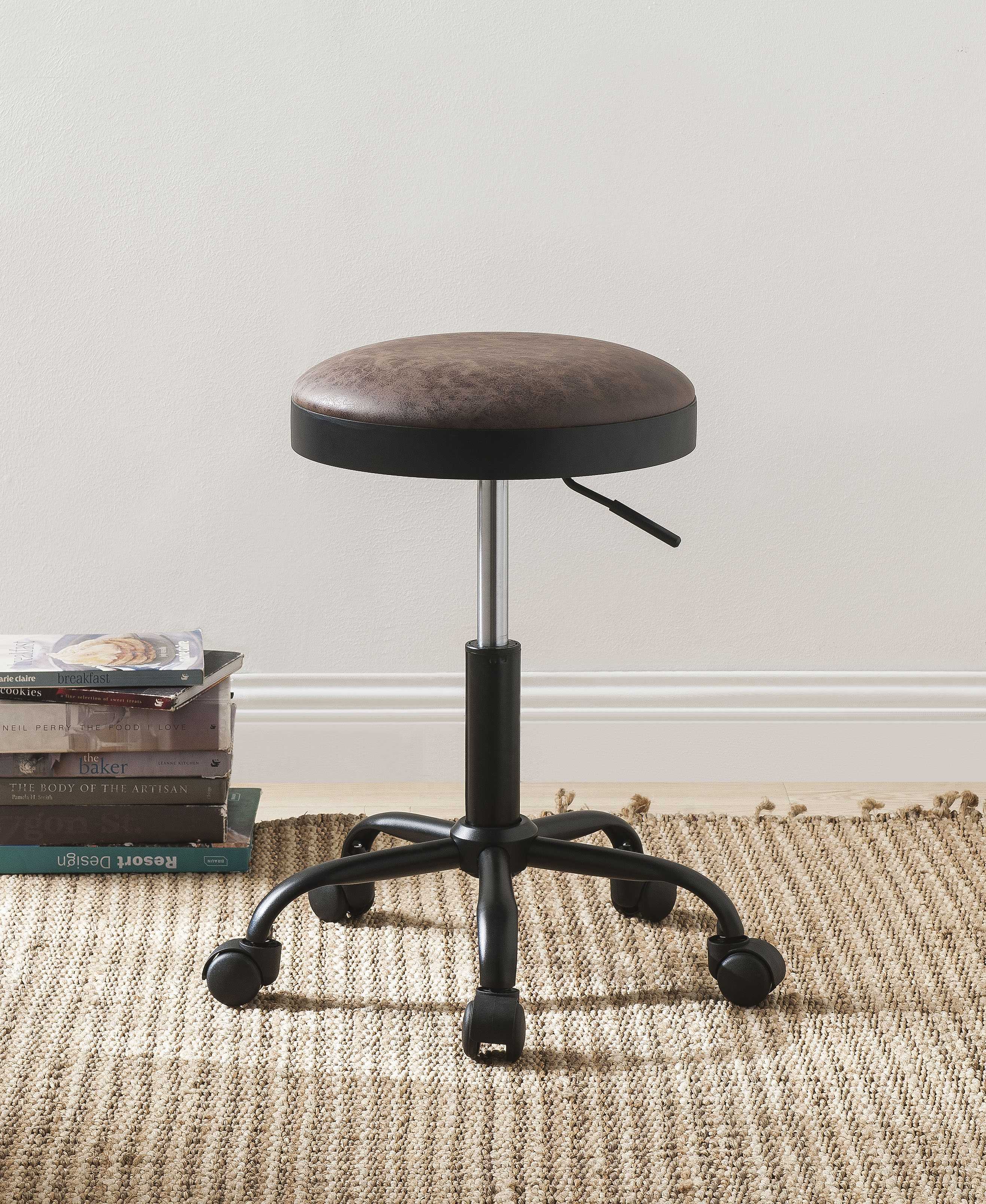 Adjustable Metal Stool with Leatherette Upholstered Seat, Set of Two, Mocha Brown and Black