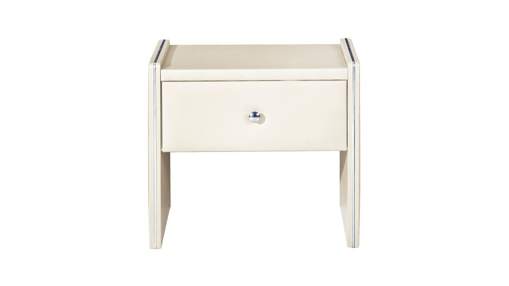 Leather Upholstered Wooden Nightstand with One Drawer, Cream