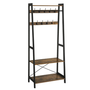 Iron Framed Coat Rack with Two Storage Shelves and Hanging Rail, Brown and Black