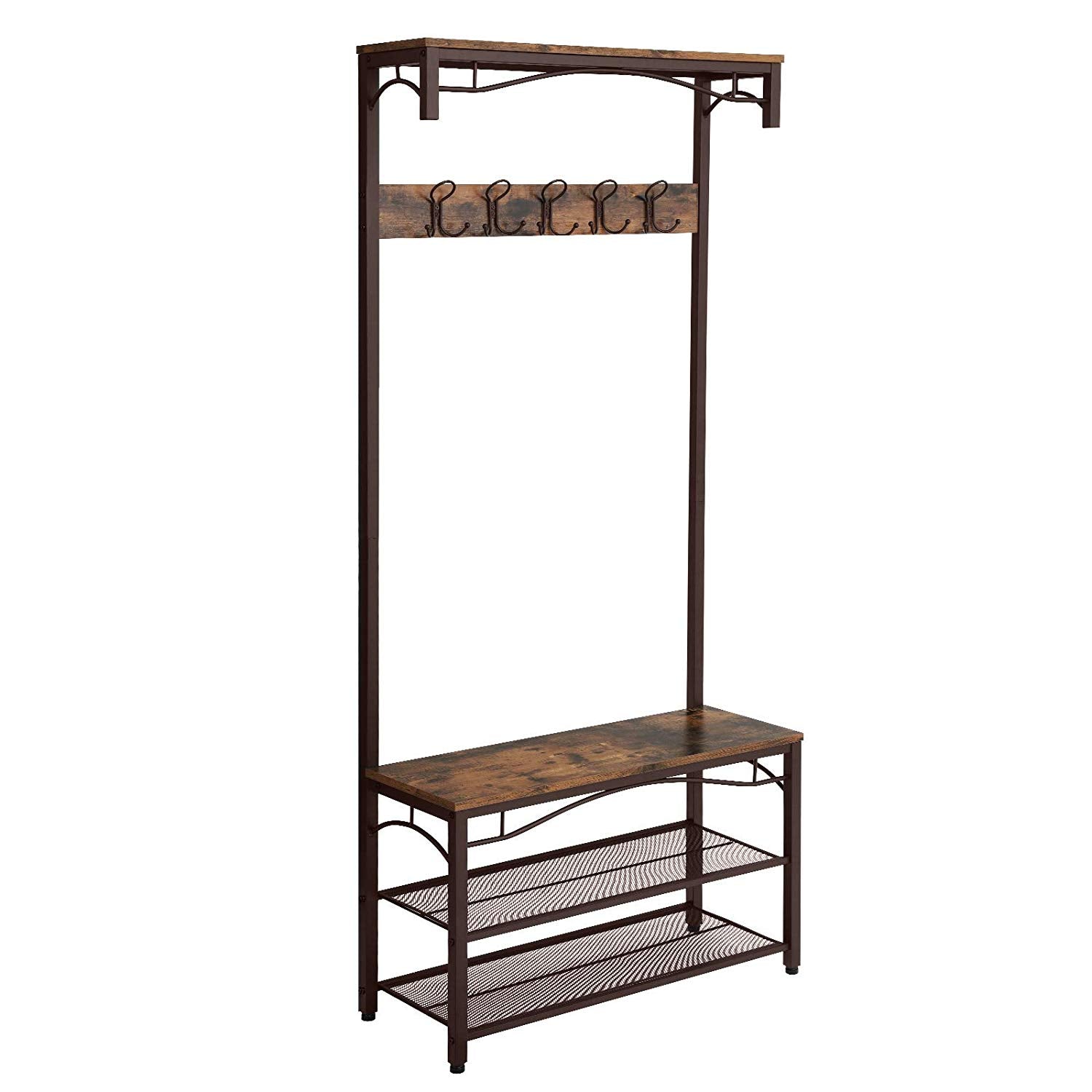 Metal Framed Coat Rack with Wooden Bench and Two Mesh Shelves, Brown and Black