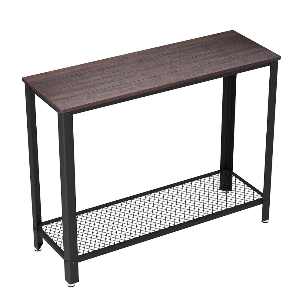 Iron Framed Console Table with Wooden Top and Wide Mesh Bottom Shelf, Brown and Black