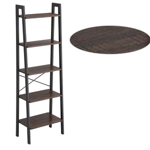 Metal Framed Ladder Style Storage Shelf with Five Wooden Shelves, Brown and Black