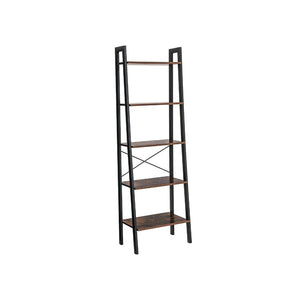 Five Tiered Rustic Wooden Ladder Shelf with Iron Framework, Brown and Black