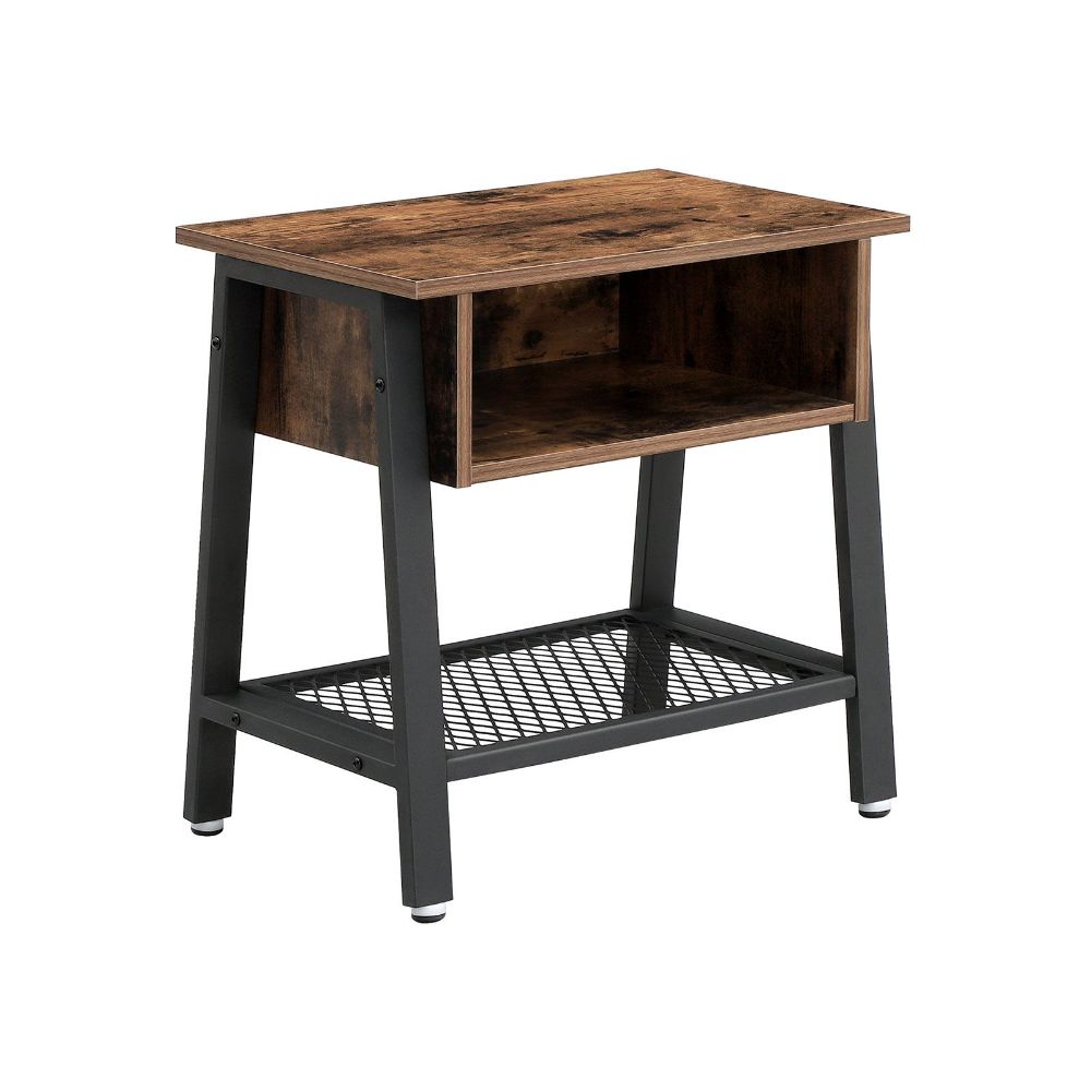 Industrial Style Wooden Nightstand with Metal Framework and Mesh Bottom Shelf, Brown and Black