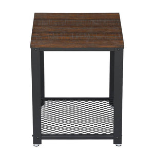 Iron Framed Nightstand with Wooden Top and Wire Mesh Open Shelf, Brown and Black