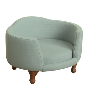 Curved Design Wooden Pet Love Seat With Fabric Upholstery, Light Blue and Brown