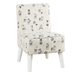 French Bulldog Print Fabric Upholstered Kids Slipper Chair With Wooden Legs, Cream and White