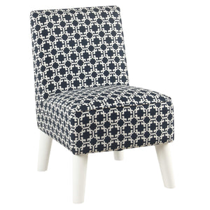 Lattice Print Fabric Upholstered Kids Slipper Chair With Splayed Wooden Legs, Blue And White