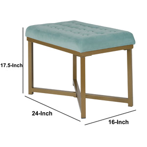 Bench with Button Tufted Velvet Upholstered Seat, Teal Blue and Gold