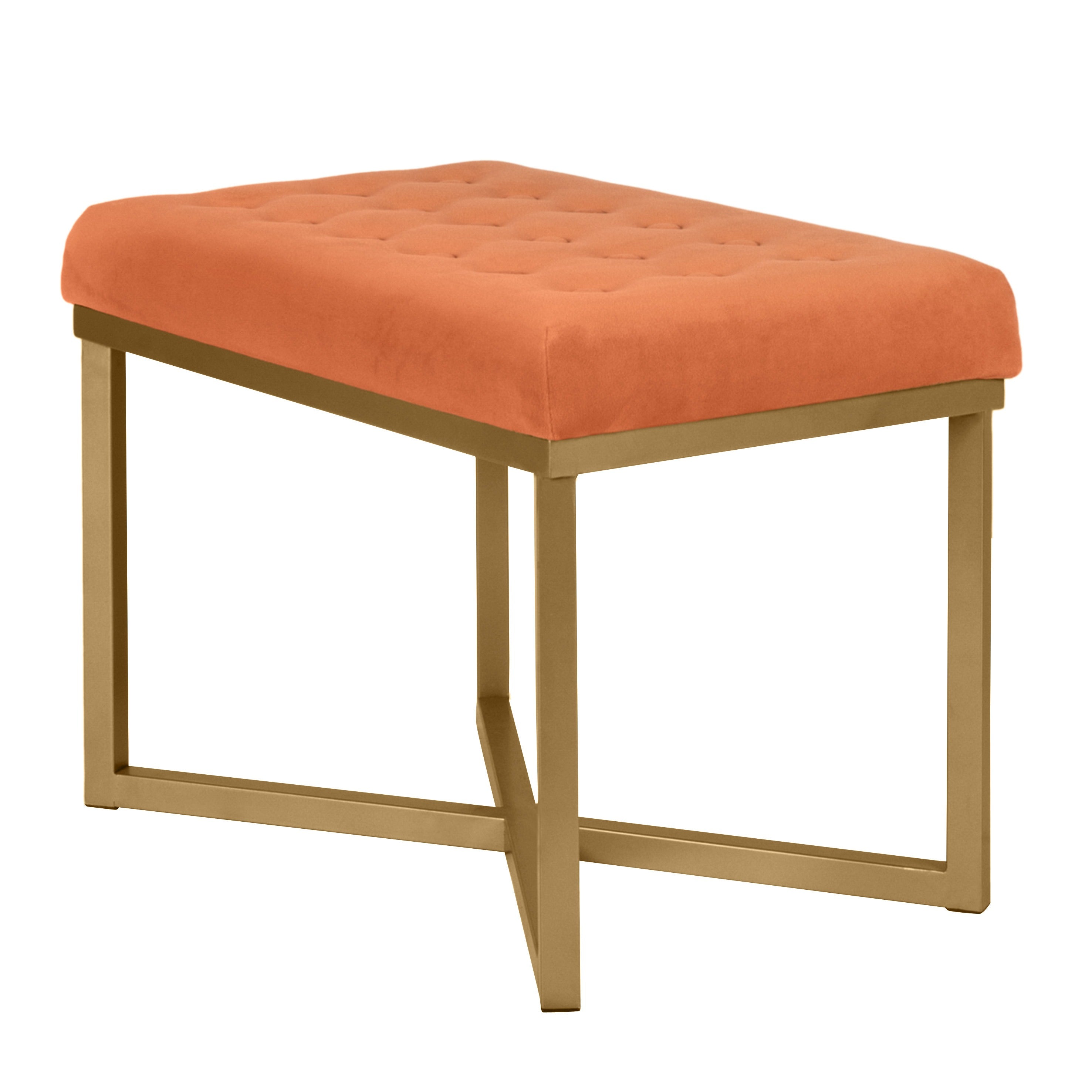 Bench with Button Tufted Velvet Upholstered Seat, Orange and Gold