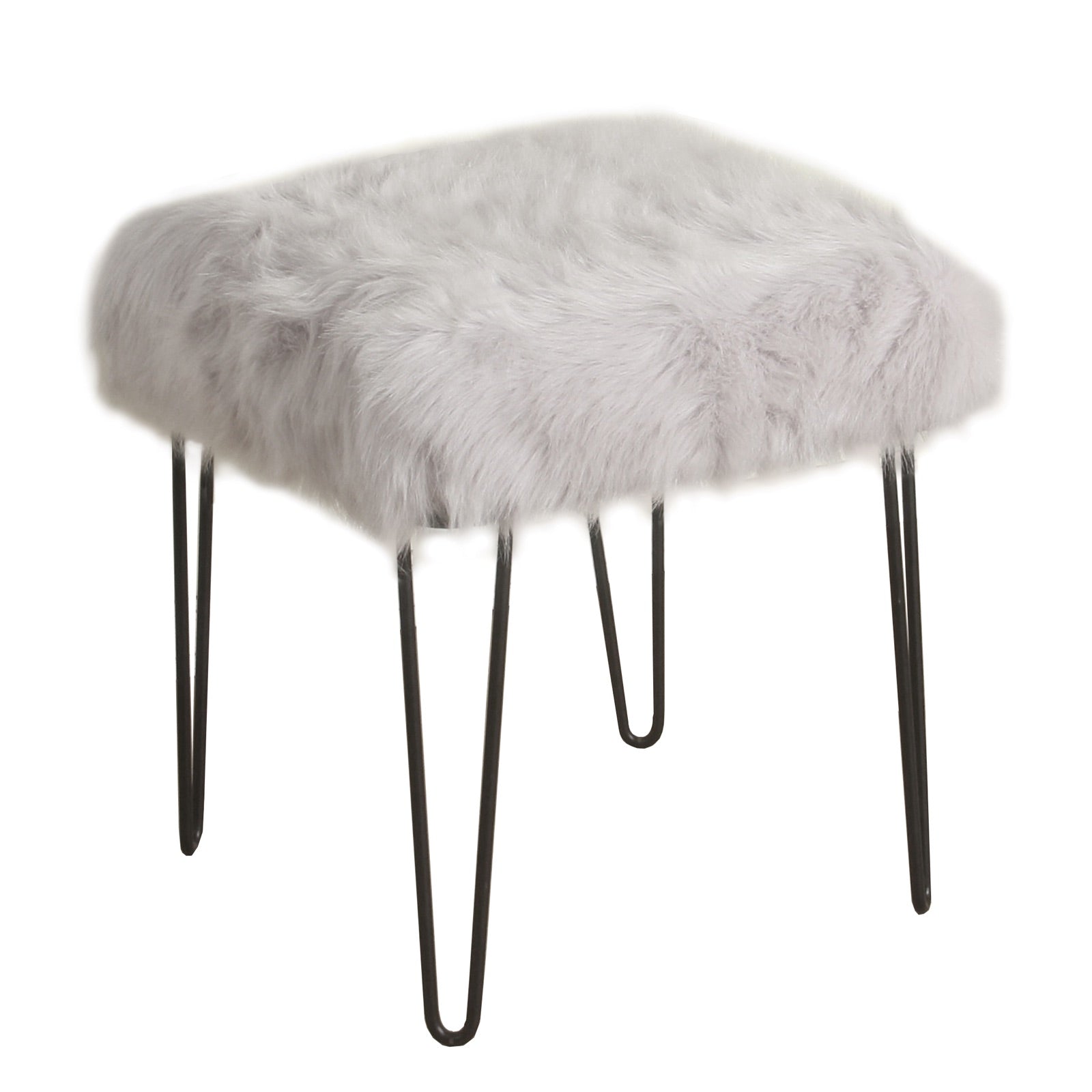 Stool with Faux Fur Upholstered Seat and Hairpin Legs, Gray and Black