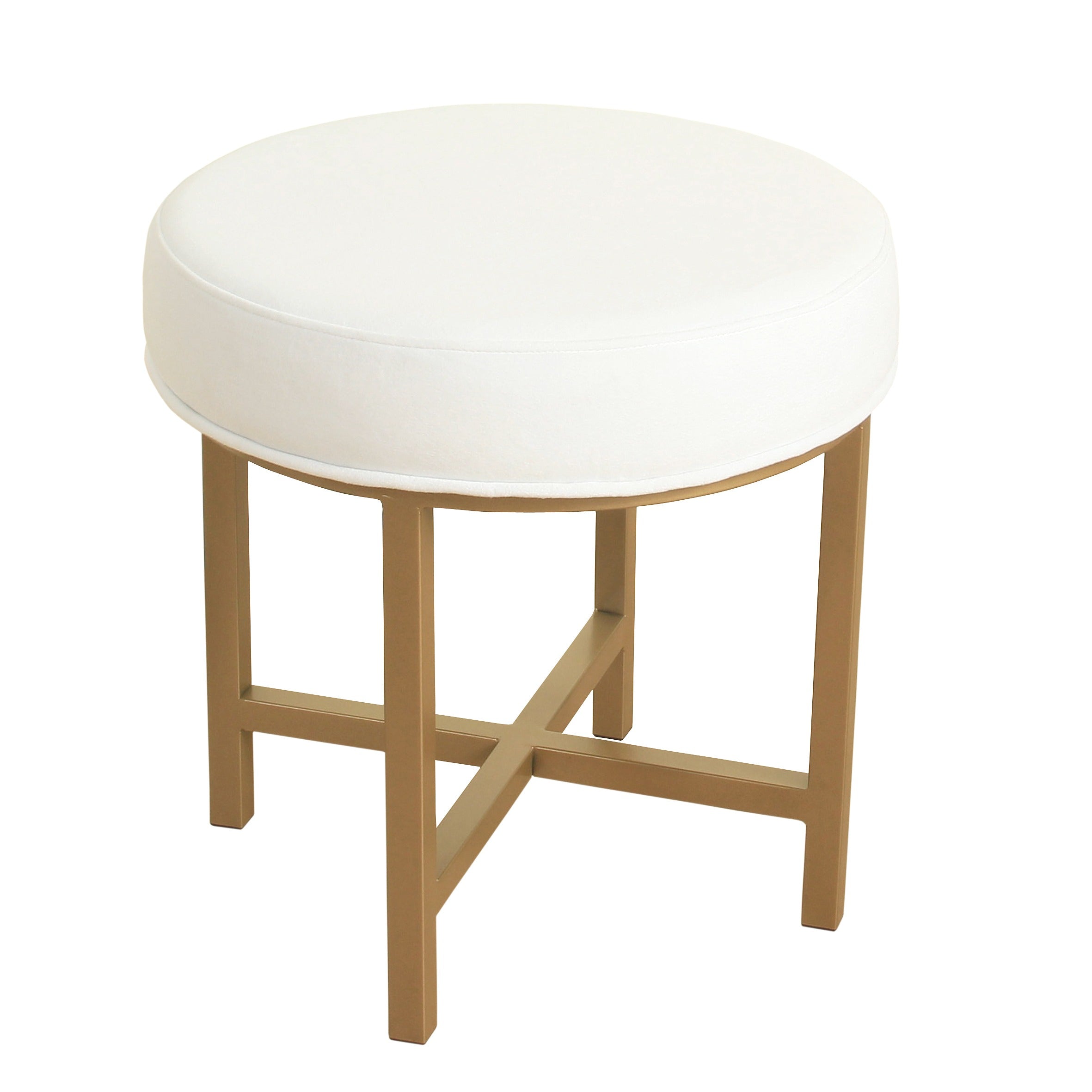 Round Shape Metal Framed Stool with Velvet Upholstered Seat, White and Gold