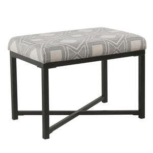 Fabric Upholstered Ottoman with X Shape Metal Base, Gray and Cream