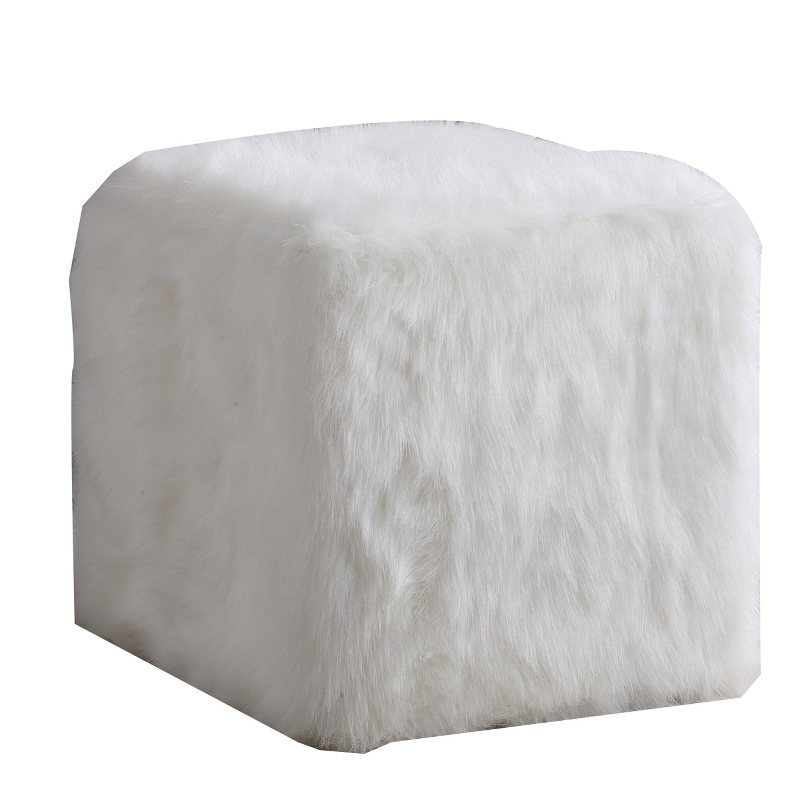 Faux Fur Upholstered Wooden Ottoman in Cube Shape, White