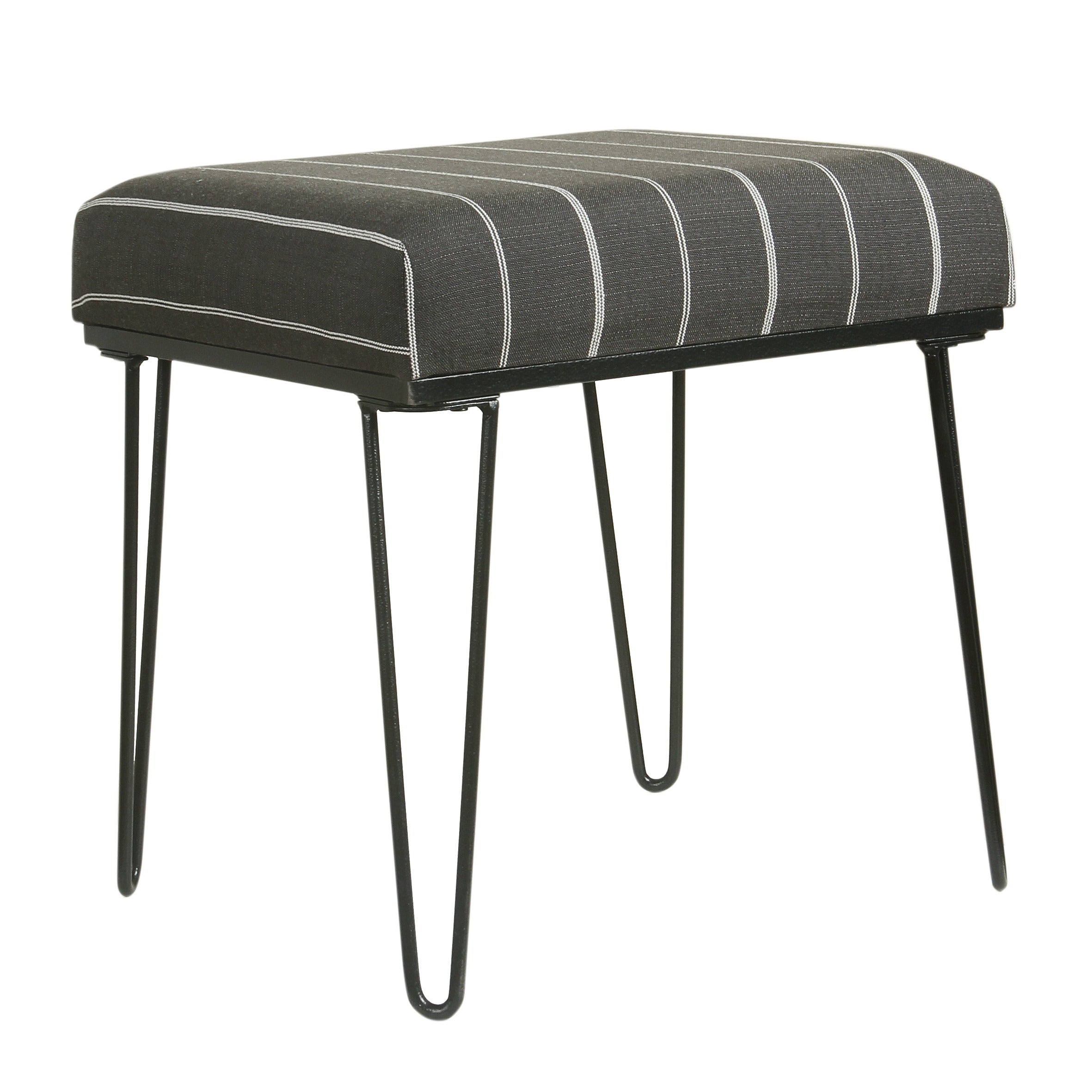 Stool Ottoman with Stripe Patterned Fabric Upholstered Seat, Gray and Black