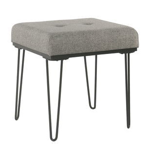 Metal Framed Stool Ottoman with Fabric Upholstered Tufted Seat, Gray and Black