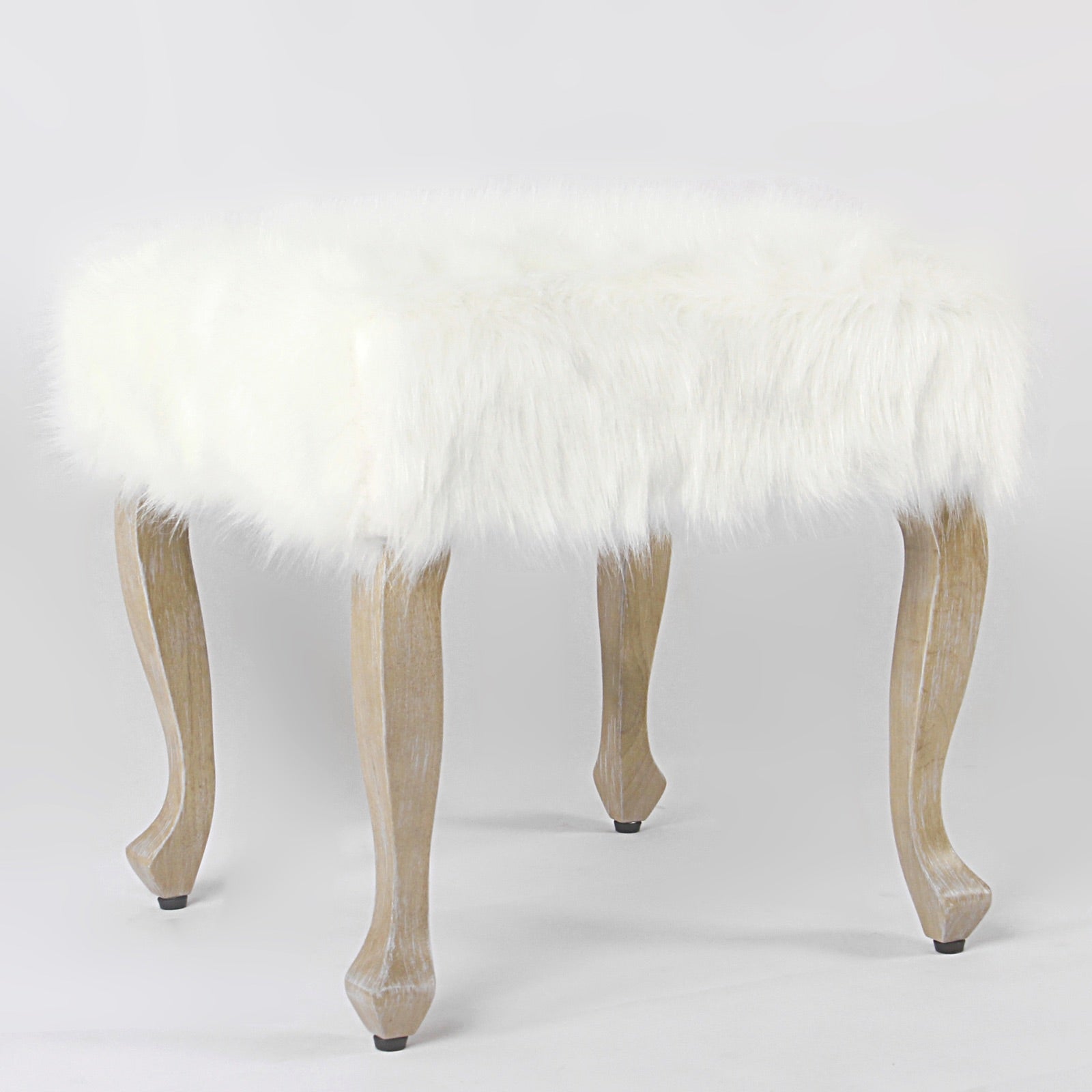 Ottoman with Faux Fur Upholstered Seat and Cabriole Legs, White and Brown