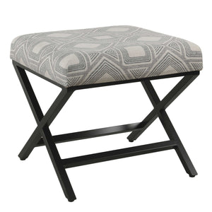 Fabric Upholstered Ottoman with X Shape Metal Legs, Gray and Cream