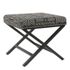 Fabric Upholstered Ottoman with X Shape Metal Legs, Black and Cream