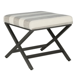 Fabric Upholstered Ottoman with X Shape Metal Legs, Cream and Gray