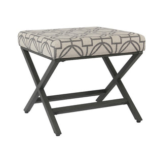 Upholstered Ottoman with X Shape Metal Legs, Beige and Gray