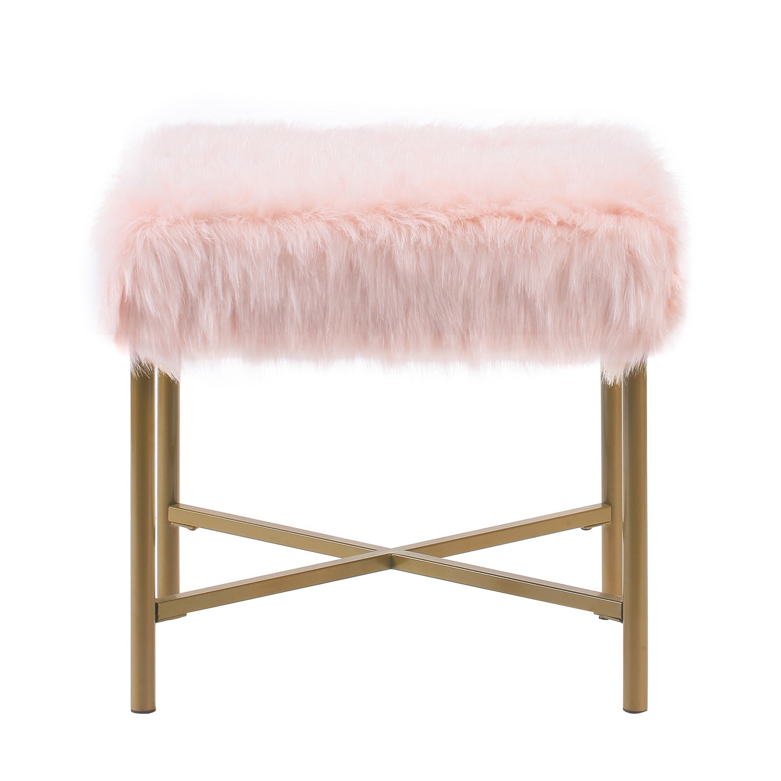 Ottoman with Tubular Metal Legs and X Shape Base, Pink and Gold