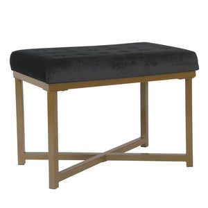 Ottoman with Button Tufted Velvet Upholstered Seat, Black and Gold