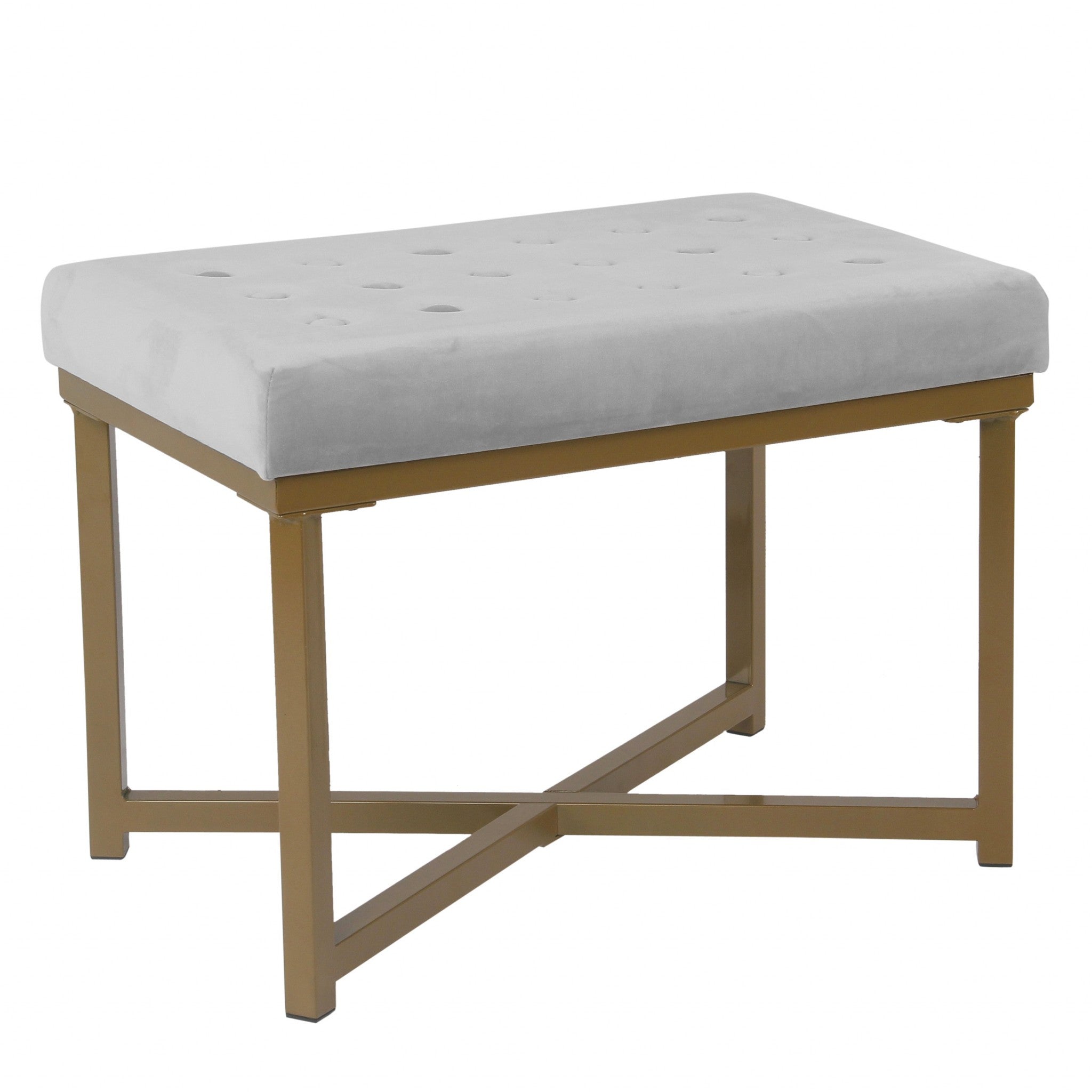 Ottoman with Button Tufted Velvet Upholstered Seat, Light Gray and Gold