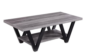 Zigzag Contemporary Solid Wooden Coffee Table With Bottom Shelf, Gray And Black