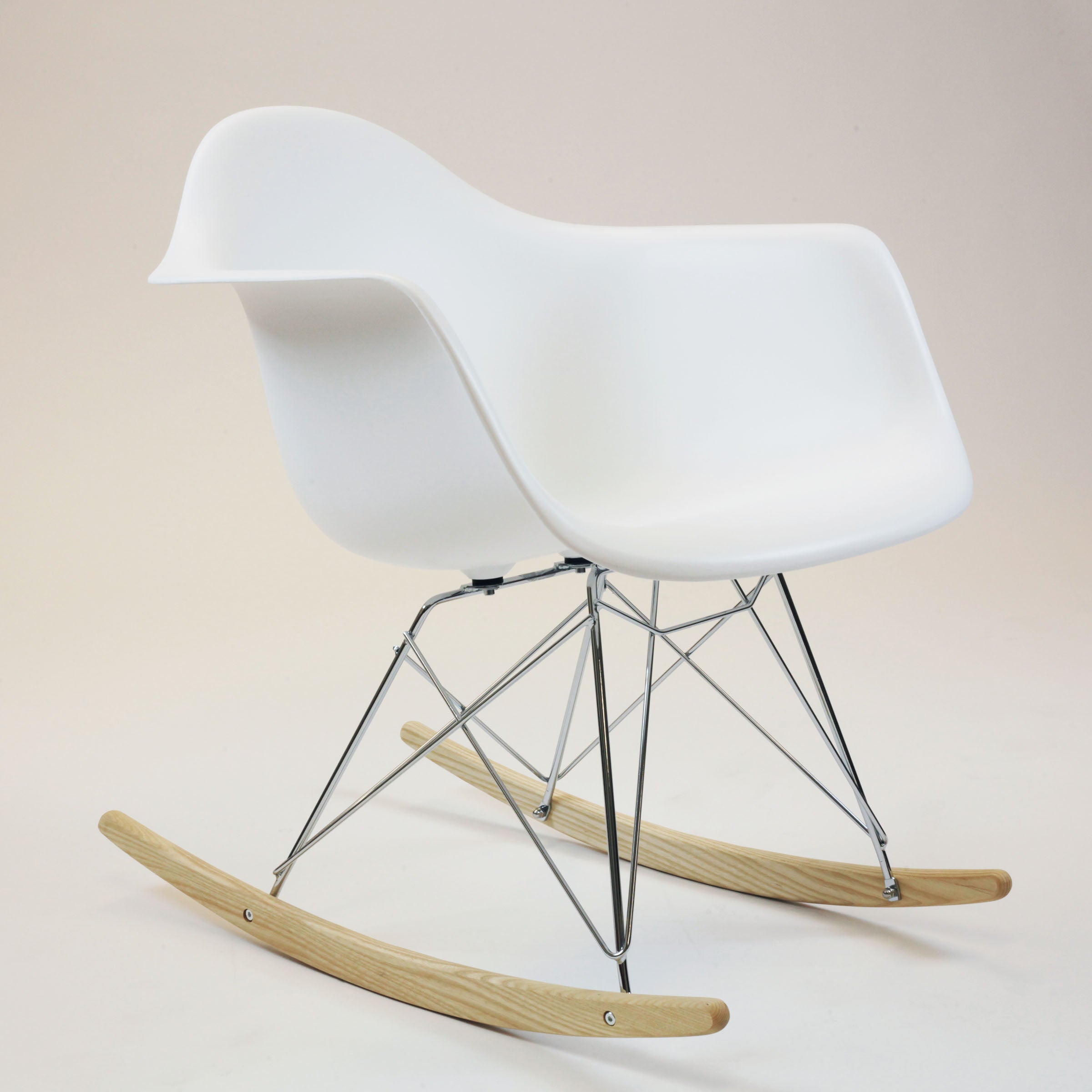 Steel and Wooden Rocking Arm Chair with Plastic Shell Seat, White