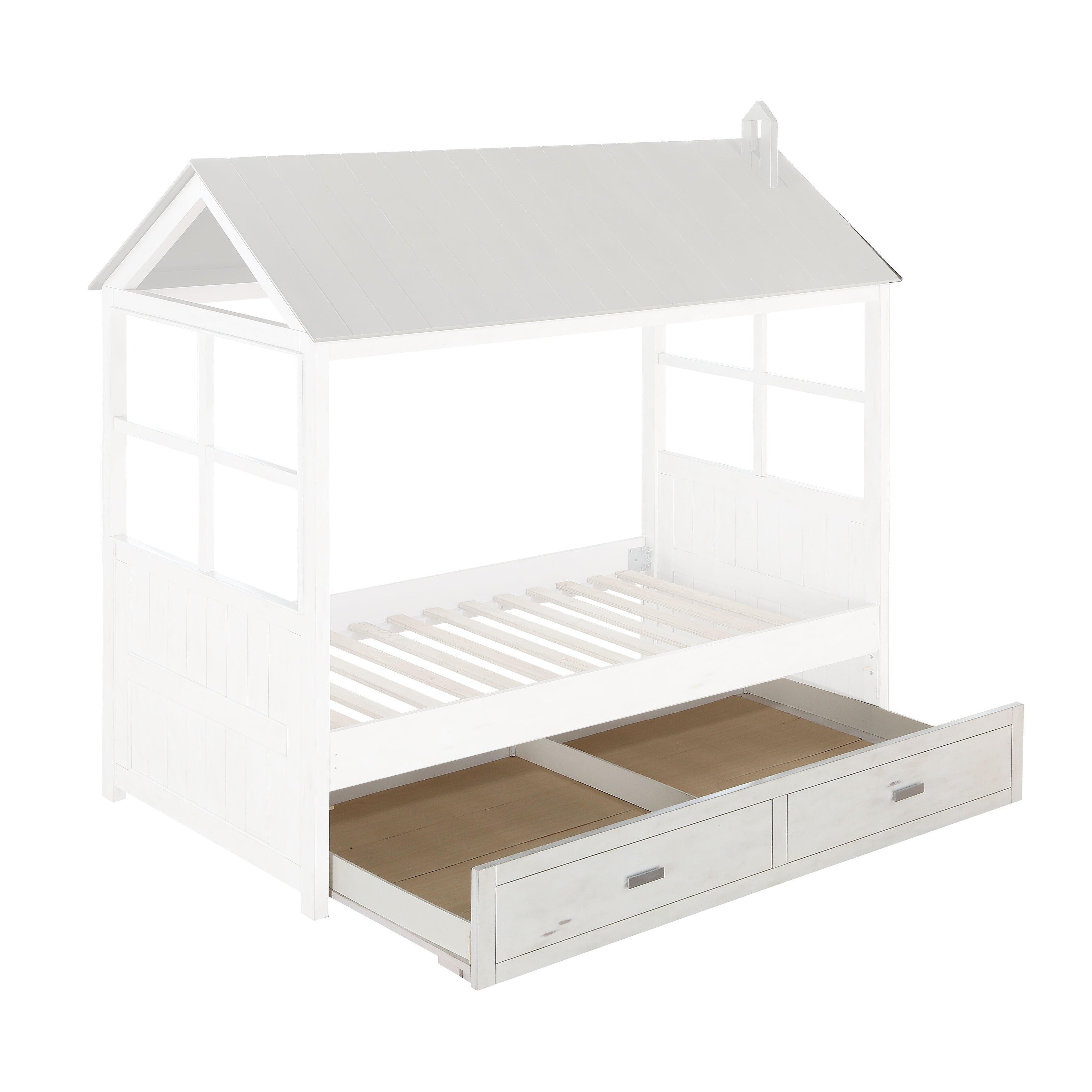 41" X 75" X 11" Weathered White Washed Gray Wood Trundle (Twin)