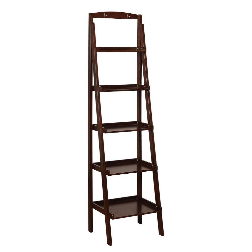 Contemporary Five Tier Wooden Ladder Shelf with Two Attached Hook On Top, Espresso Brown