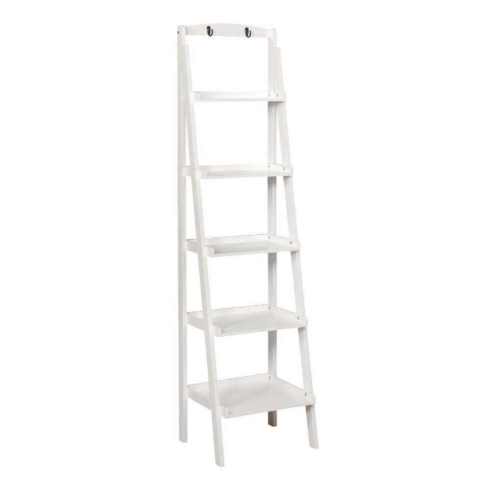 Contemporary Five Tier Wooden Ladder Shelf with Two Attached Hook On Top, White