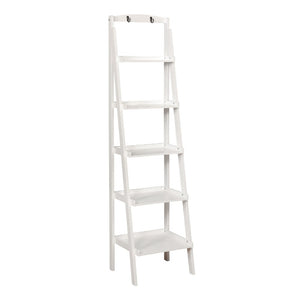 Contemporary Five Tier Wooden Ladder Shelf with Two Attached Hook On Top, White