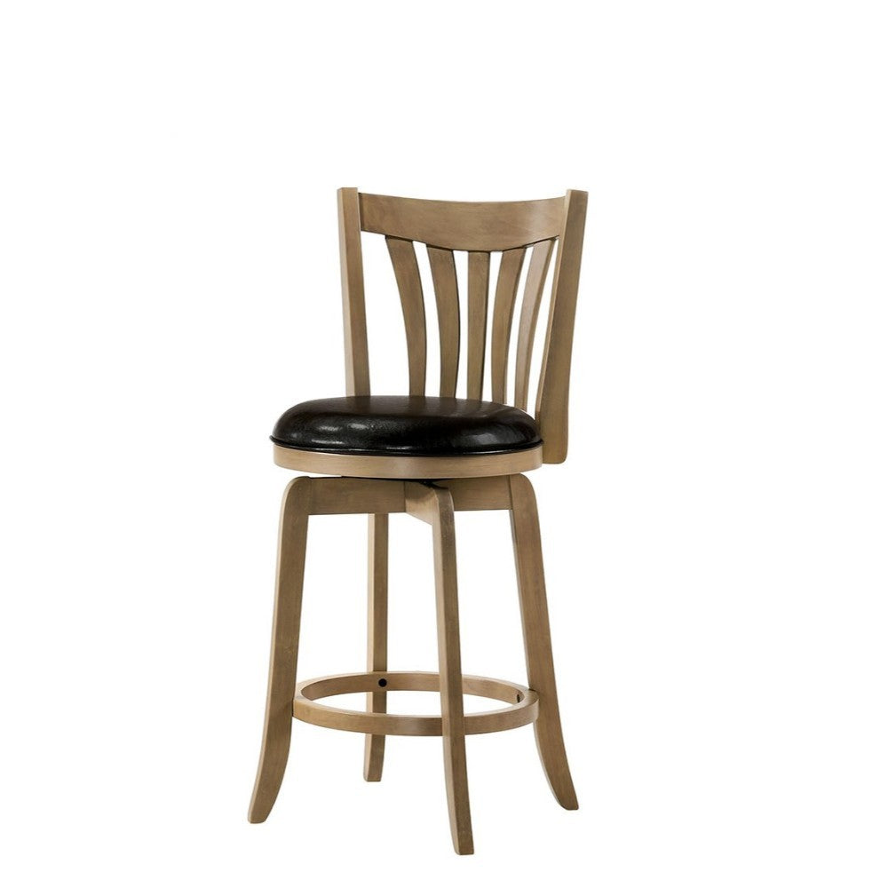 24" Wooden Bar Stool with Leatherette Seat and Curved Backrest, Brown and Black