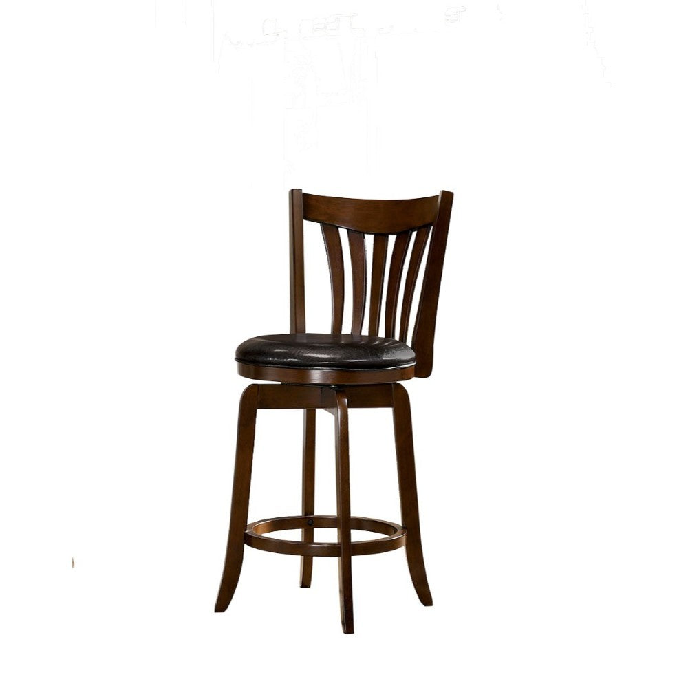 24" Wooden Bar Stool with Leatherette Seat and Curved Backrest, Brown