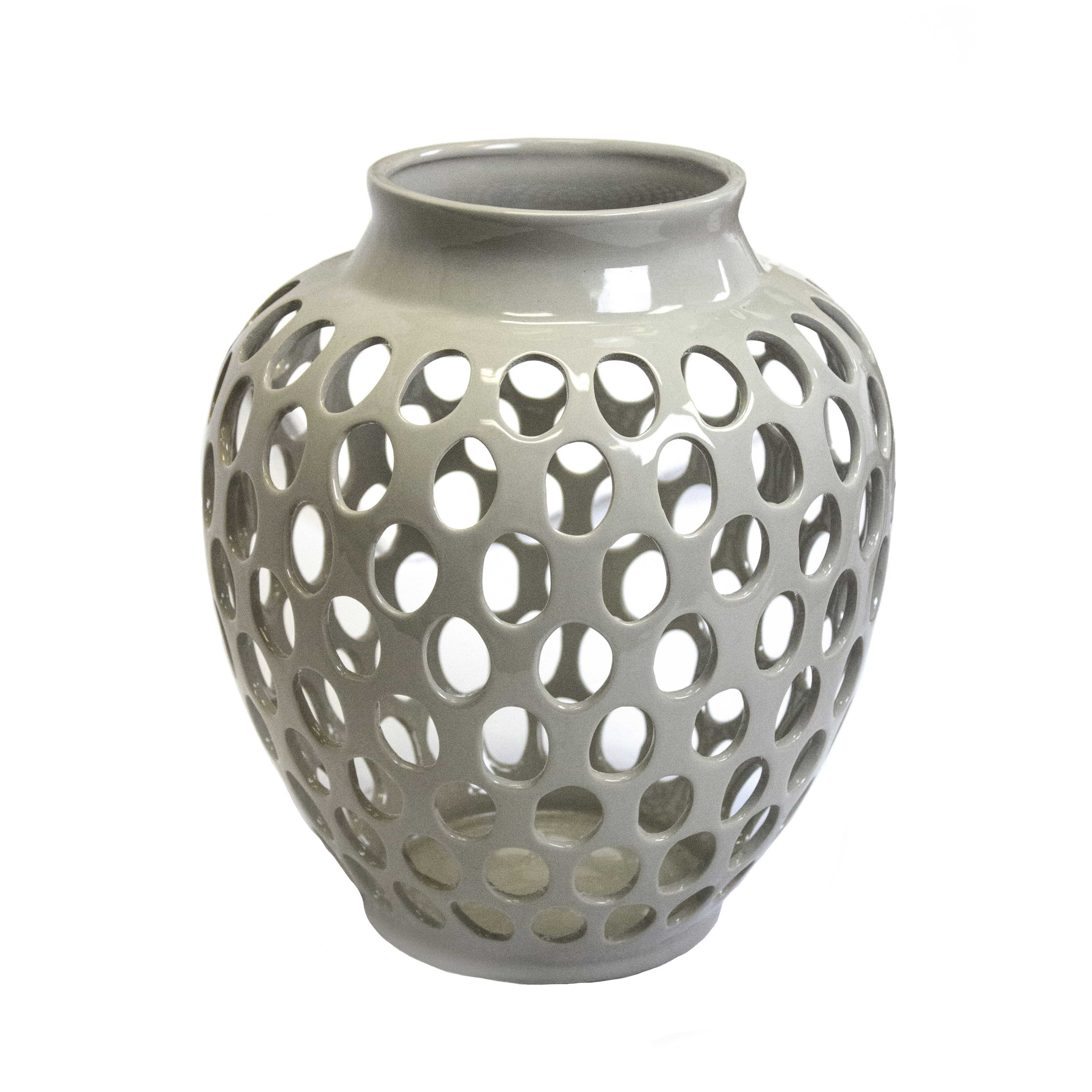 Decorative Urn Shape Ceramic Vase with Round Cutout Details, Gray