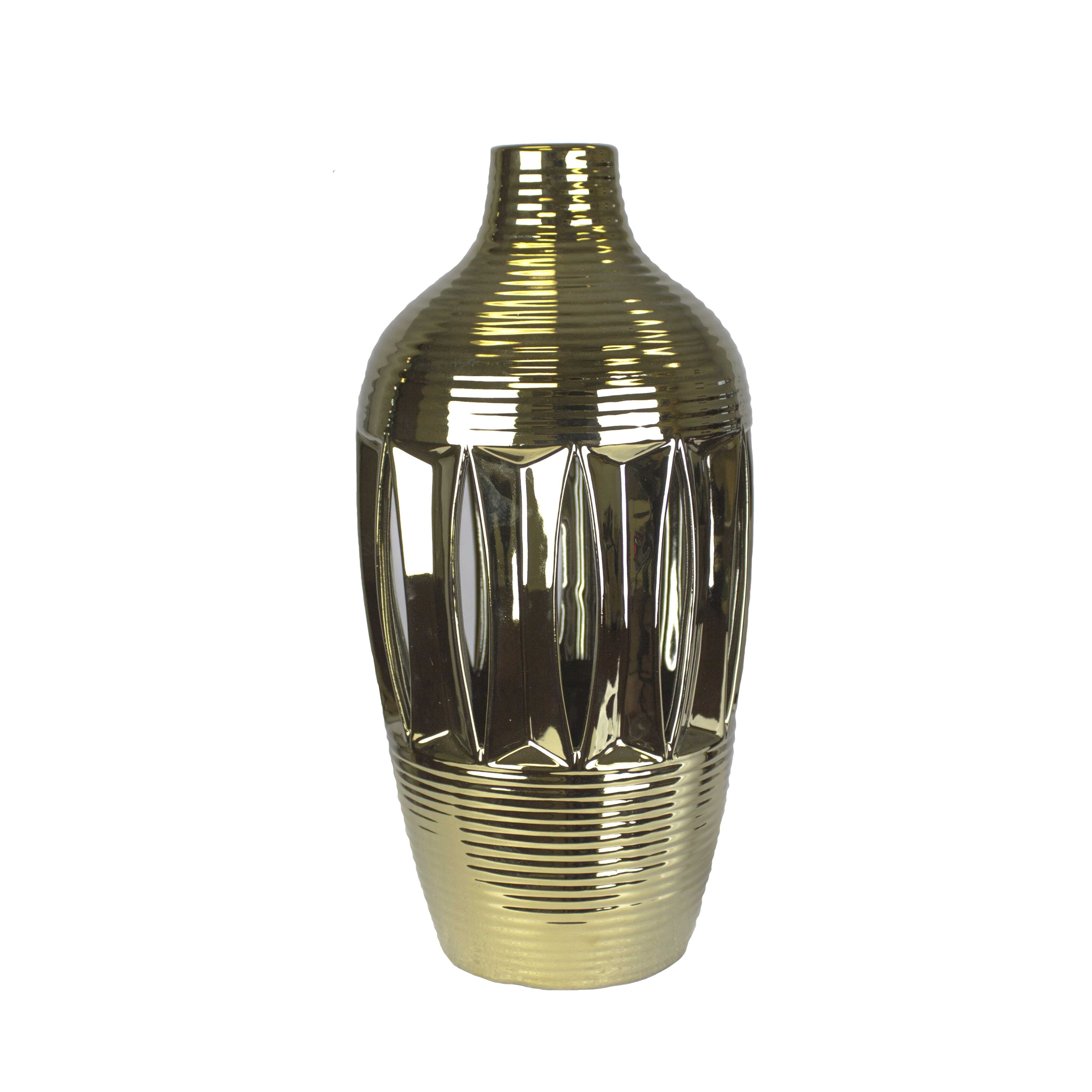 Ribbed Patterned Decorative Ceramic Vase with Tapered Bottom, Gold