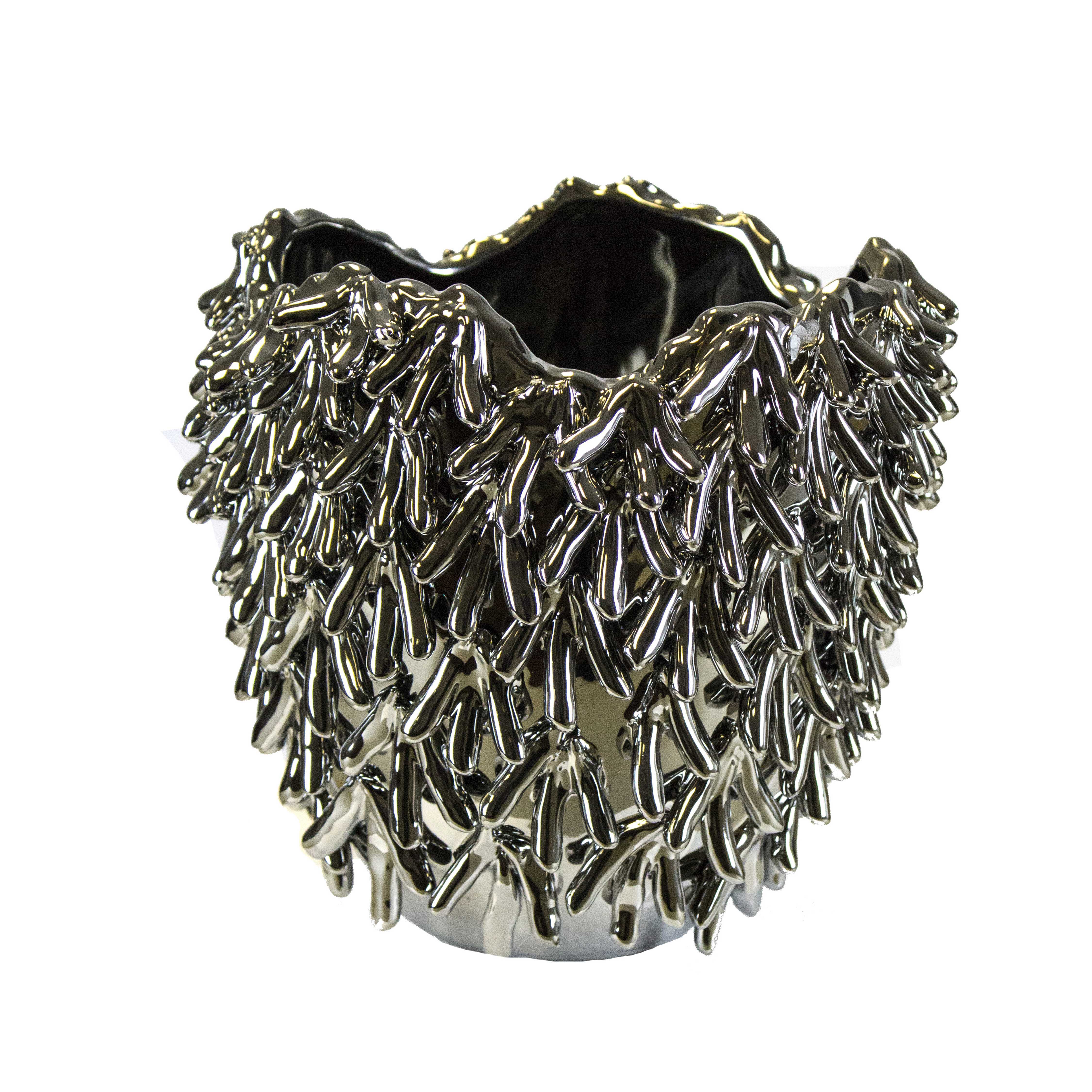 Decorative Ceramic Sea Urchin Design Vase with Irregular Top, Silver