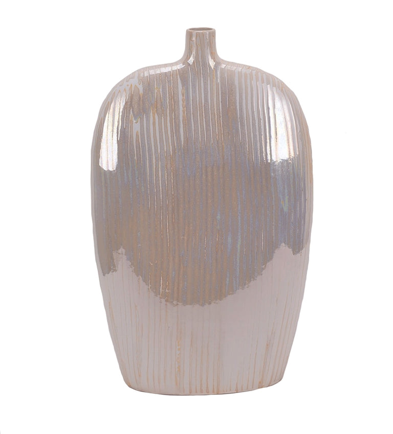 Decorative Ceramic Vase with Engraved Vertical Lines and Narrow Opening, Beige