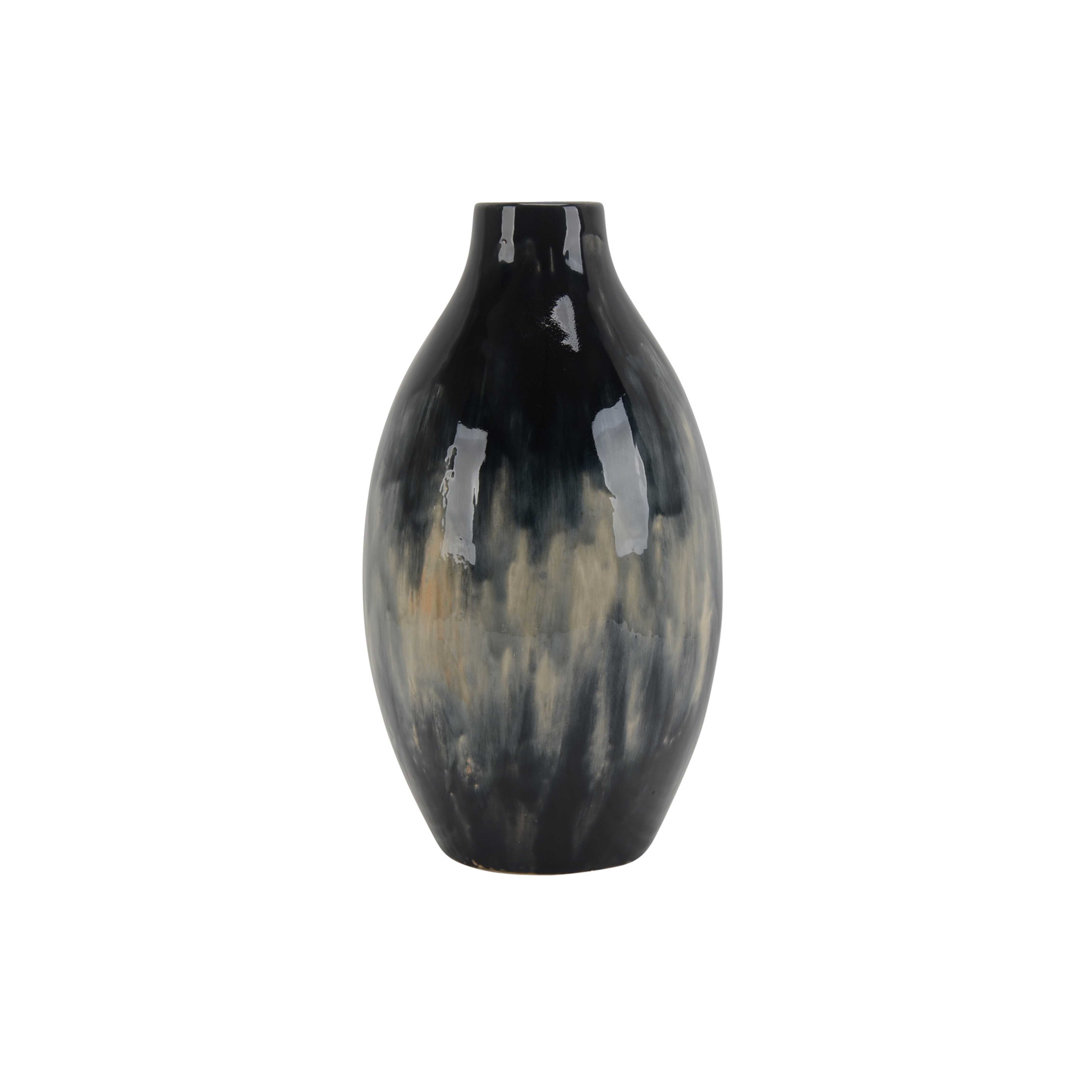 Textured Decorative Ceramic Vase with Tapered Bottom, Black and Beige