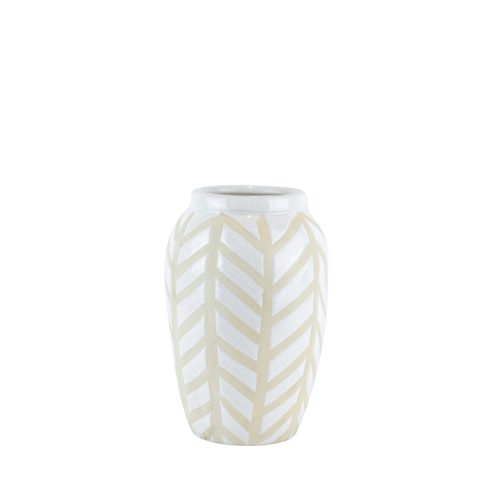 Decorative Ceramic Vase with Unique Pattern, White and Beige