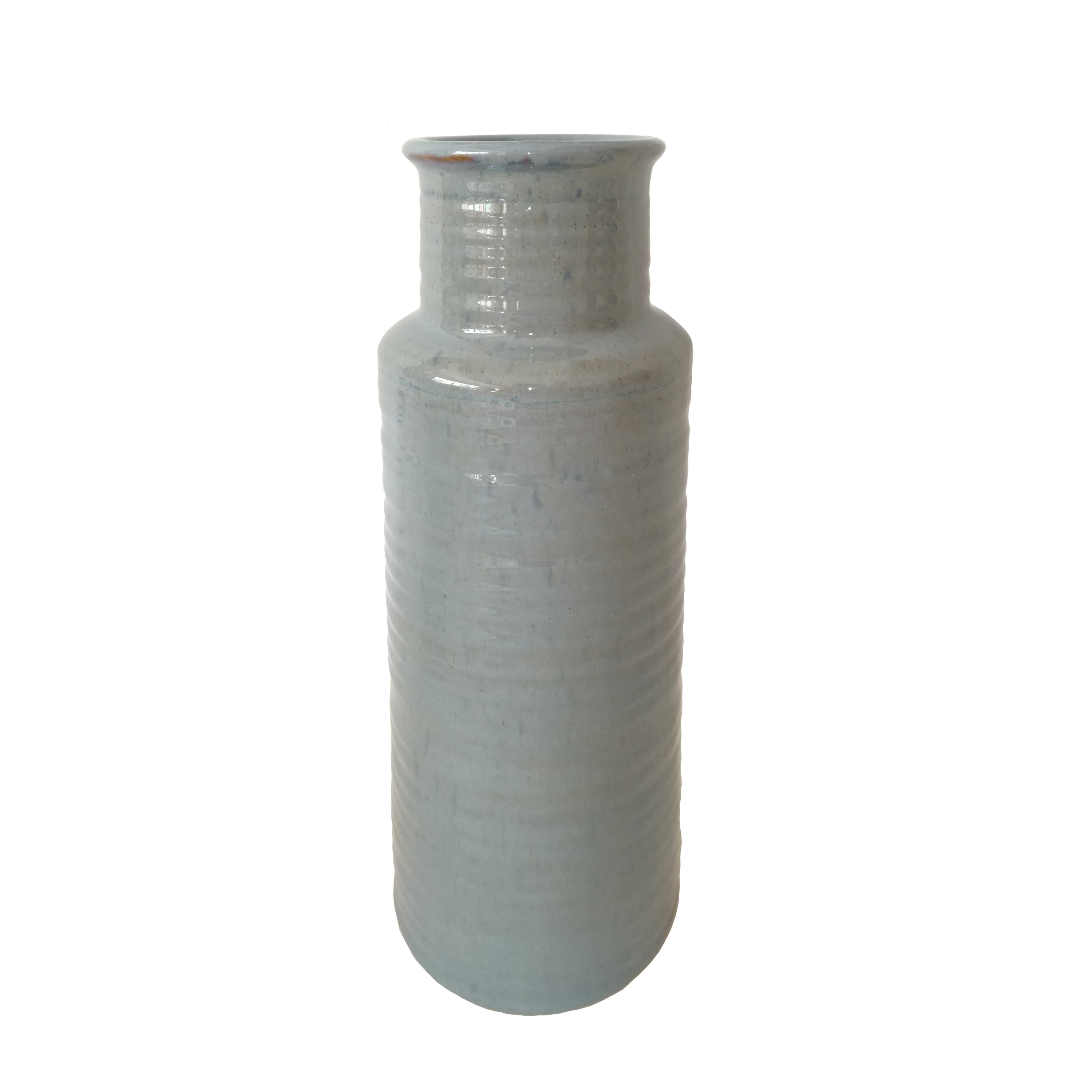 Ceramic Ribbed Cylindrical Vase with Round Base and Curved Mouth Rim, Light Gray