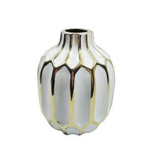 Embossed Ceramic Round Vase with Small Mouth Open, White and Gold