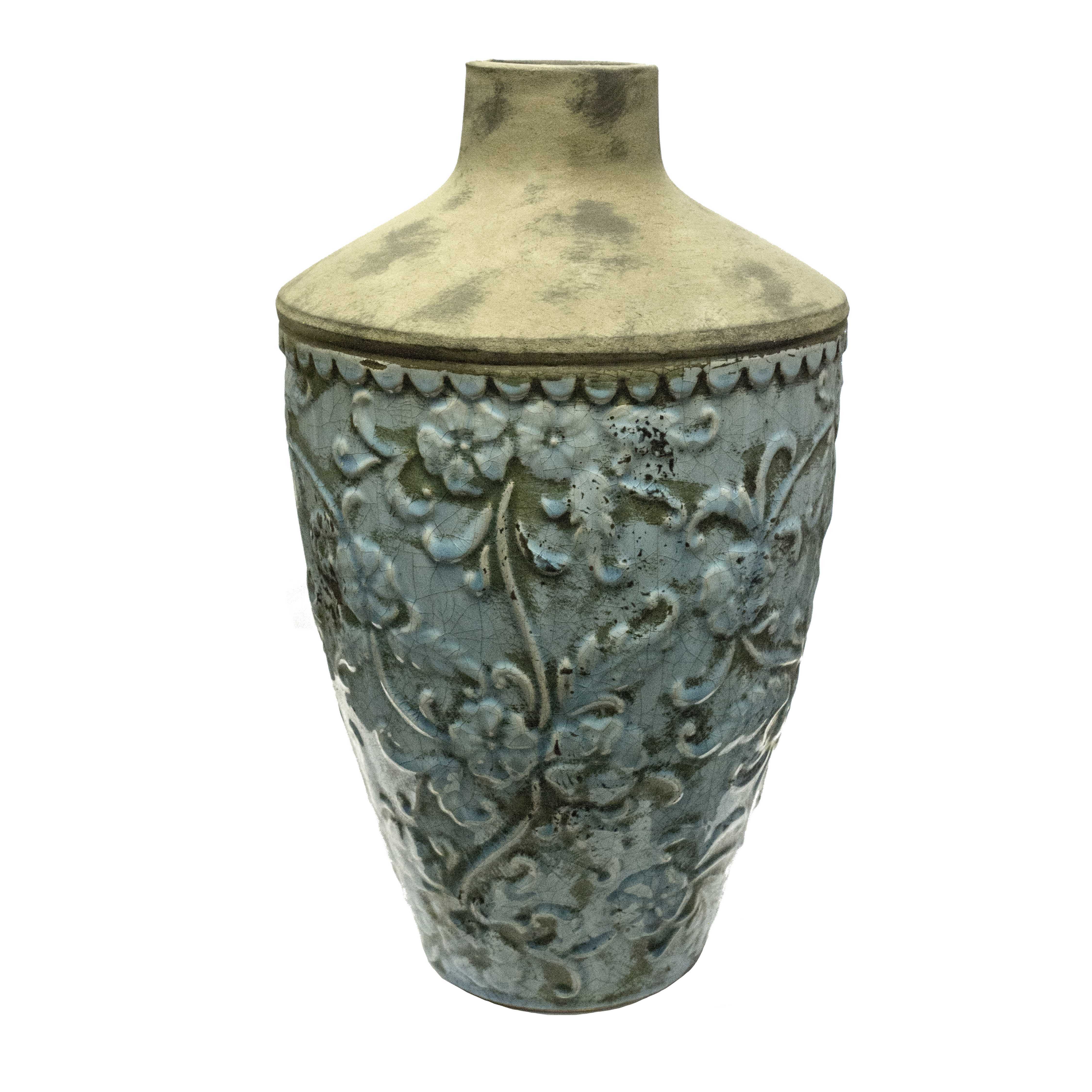 Dual Tone Cement Bottle Vase with Embossed Floral Design, Blue and Beige